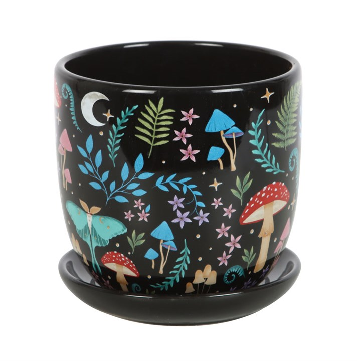 Dark Forest Print Ceramic Plant Pot with Saucer, image 4 of 4