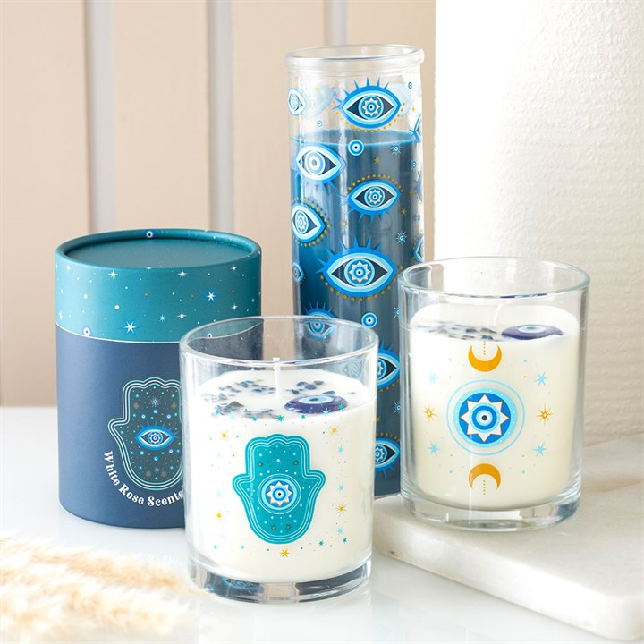 Hand of Hamsa White Rose Candle with Crystals, image 6 of 6
