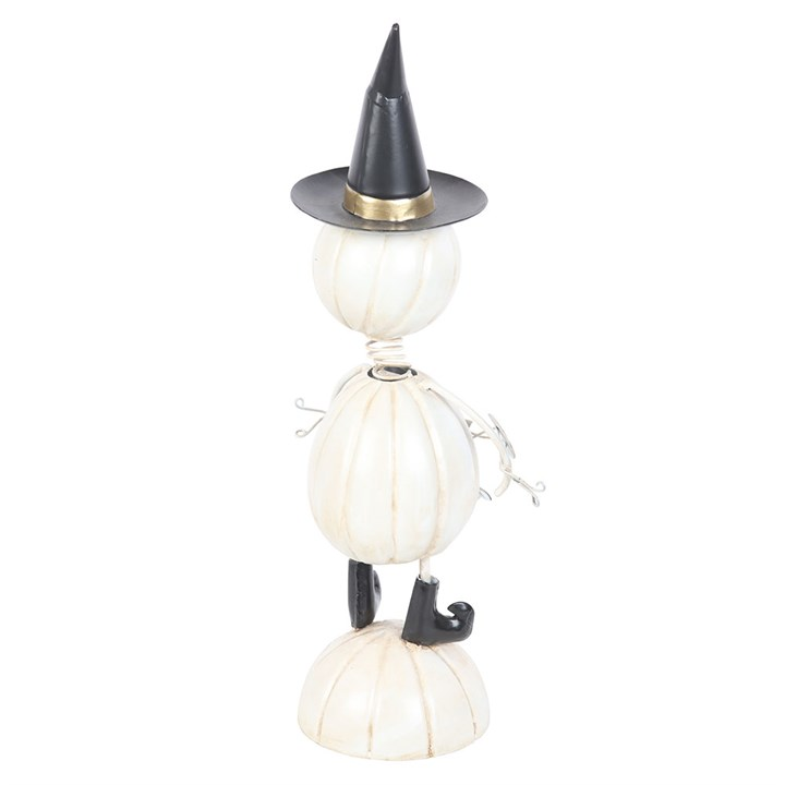 White Metal Pumpkin Man Ornament with Witch Hat, image 4 of 4