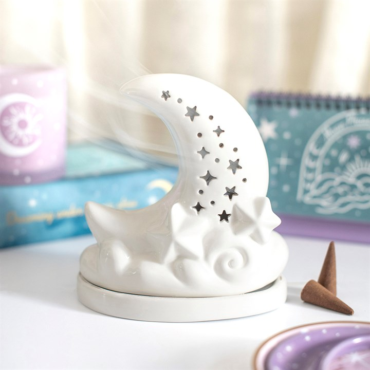 White Pastel Skies Moon Incense Cone Holder, image 1 of 6