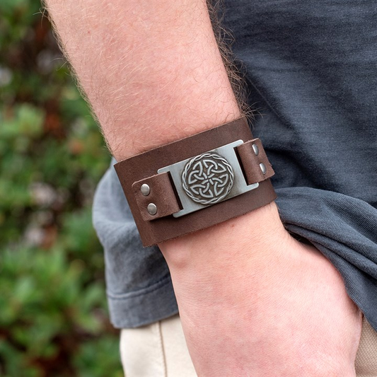 Brown Celtic Shield Knot Leather Cuff Bracelet, image 1 of 5