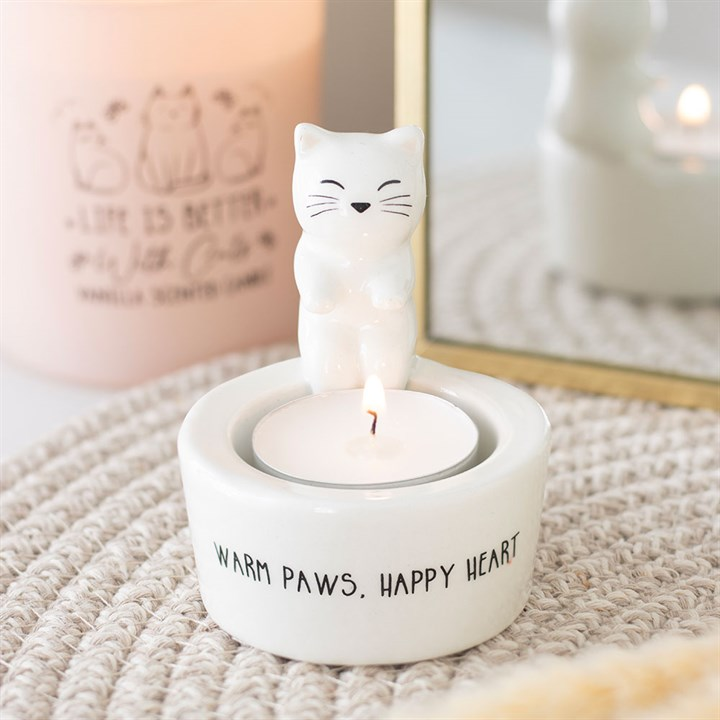 Warm Paws, Happy Heart Cat Tealight Holder, image 1 of 4