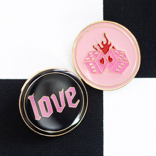 Flaming Dice and Love Pin Badge Set, image 1 of 4