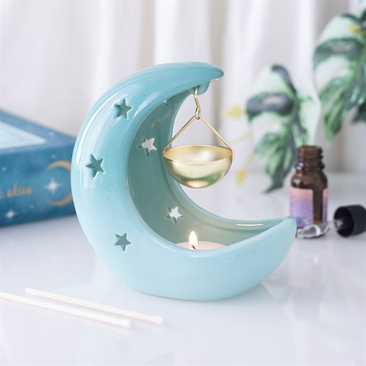 Blue Pastel Crescent Moon Hanging Oil Burner, image 1 of 6