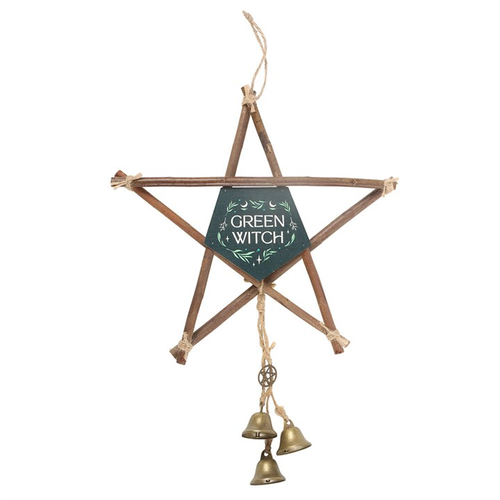 Green Witch Hanging Willow Pentagram with Bells, image 2 of 5