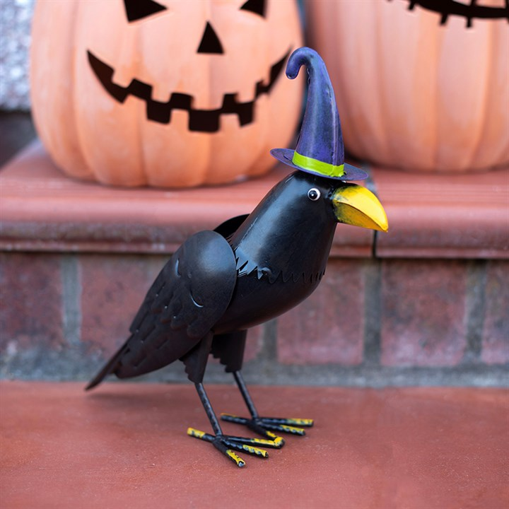 Metal Raven Ornament with Witch Hat, image 1 of 5