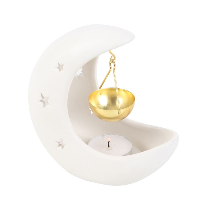 White Crescent Moon Oil Burner with Gold Dish, image 3 of 5