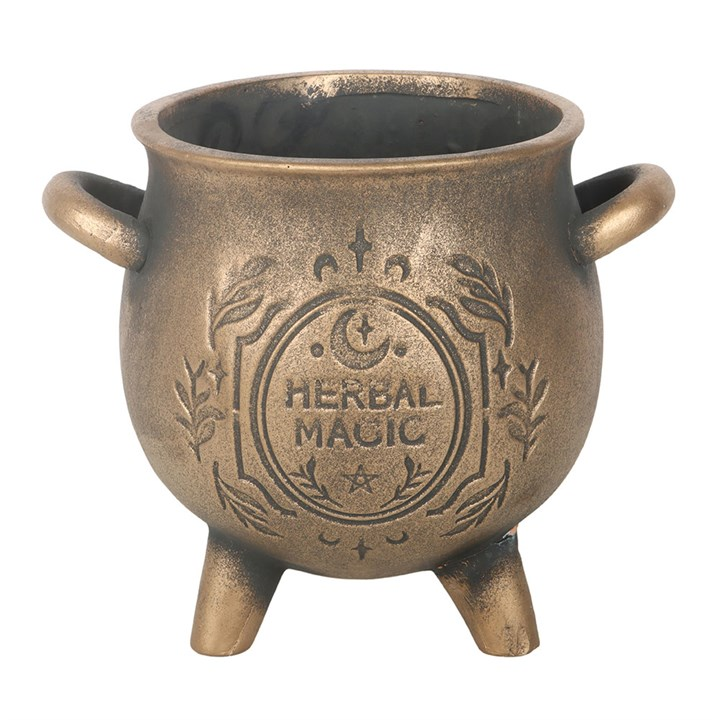 Herbal Magic Bronze Effect Terracotta Cauldron Plant Pot, image 3 of 6