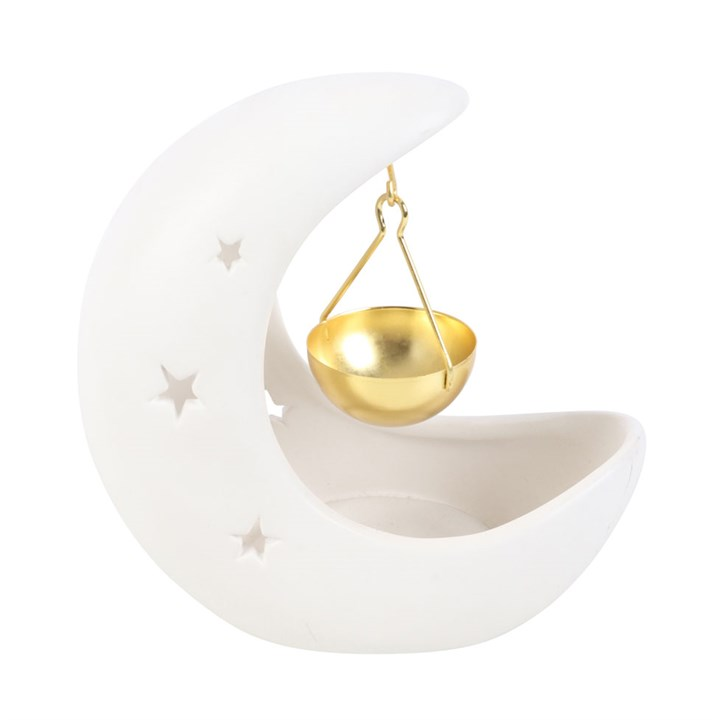 White Crescent Moon Oil Burner with Gold Dish, image 5 of 5