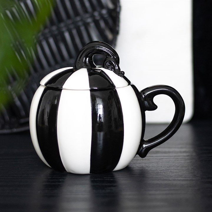 Black and White Striped Pumpkin Lidded Mug, image 1 of 5