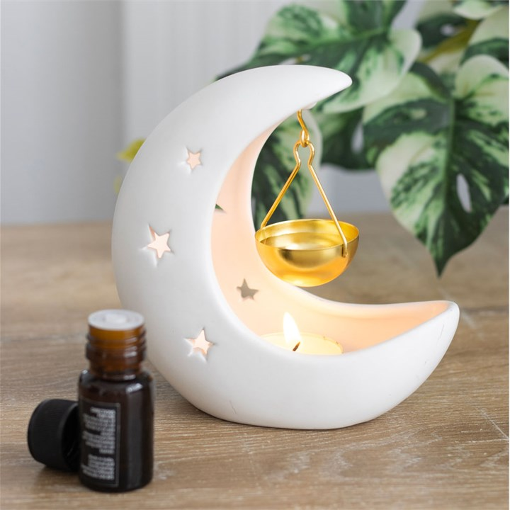 White Crescent Moon Oil Burner with Gold Dish, image 2 of 5