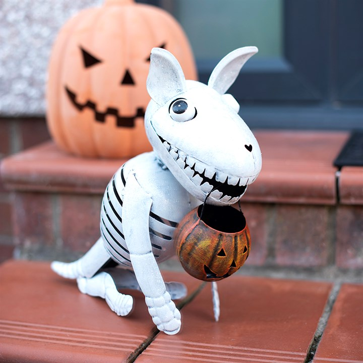 Metal Skeleton Dog Ornament with Pumpkin, image 1 of 5