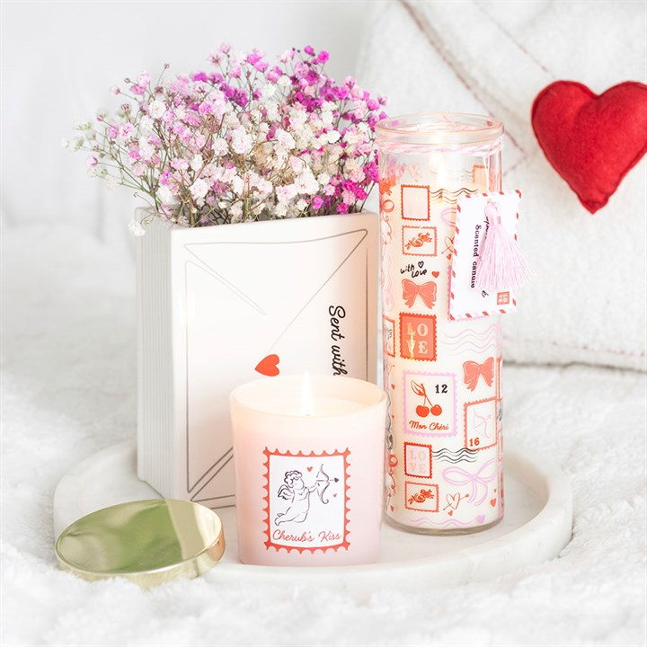Valentine Postage Stamp Print Sparkling Rose Tube Candle, image 5 of 5