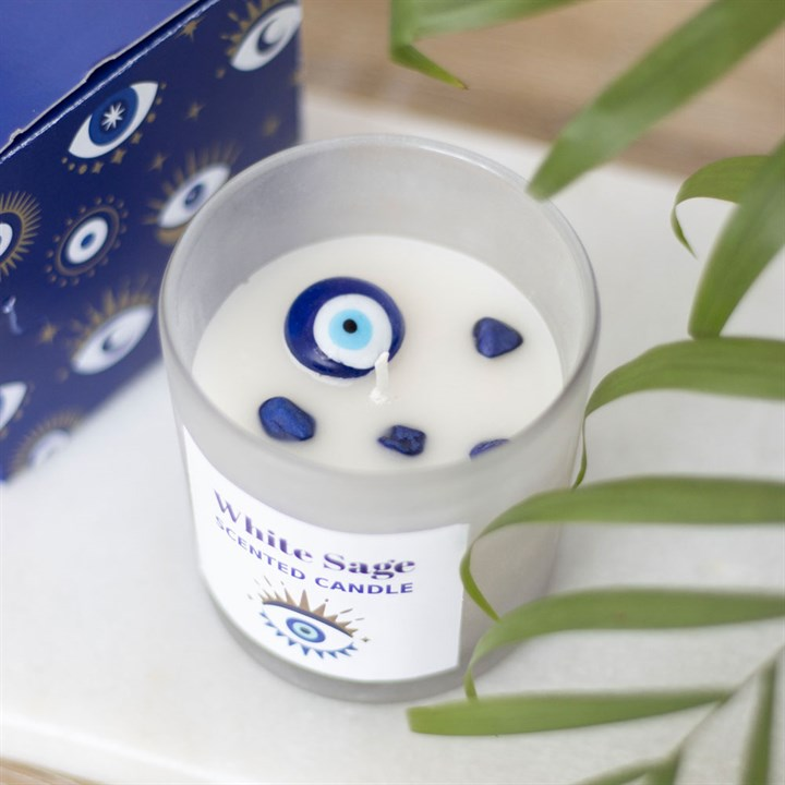 All Seeing Eye White Sage Crystal Chip Protection Candle, image 1 of 6