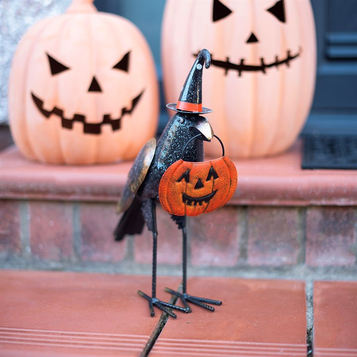Metal Glitter Raven Ornament with Pumpkin, image 2 of 5