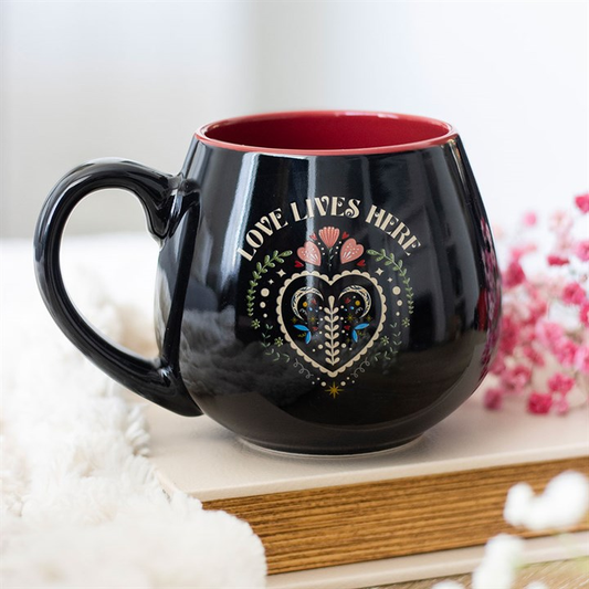 Love Lives Here Folk Heart Rounded Mug, image 1 of 5