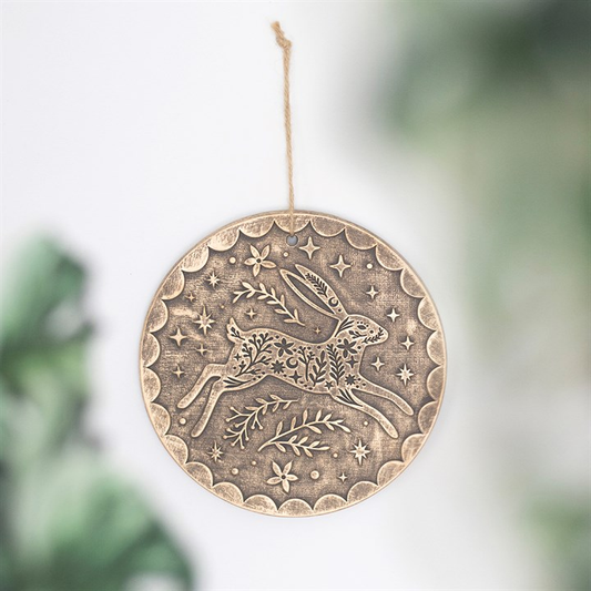 Bronze Effect Leaping Hare Terracotta Hanging Plaque, image 1 of 4