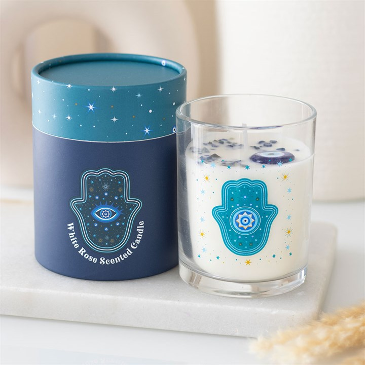 Hand of Hamsa White Rose Candle with Crystals, image 1 of 6