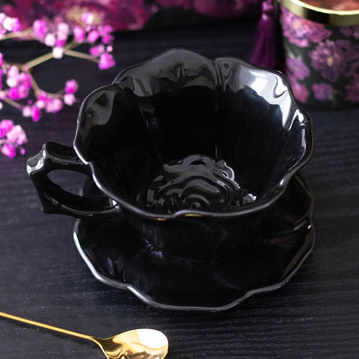 Black Rose Teacup and Saucer, image 1 of 6