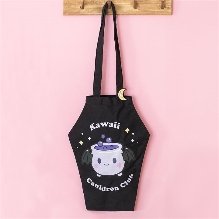 Kawaii Cauldron Club Coffin Shaped Tote Bag with Enamel Pin Badge, image 2 of 5