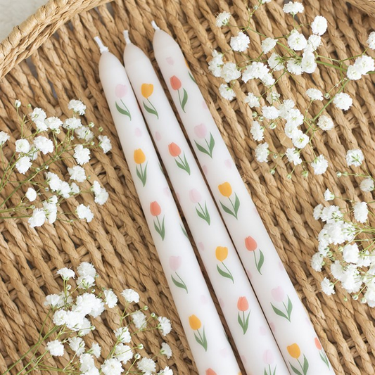 Set of 3 Tulip Print Taper Candles, image 1 of 4