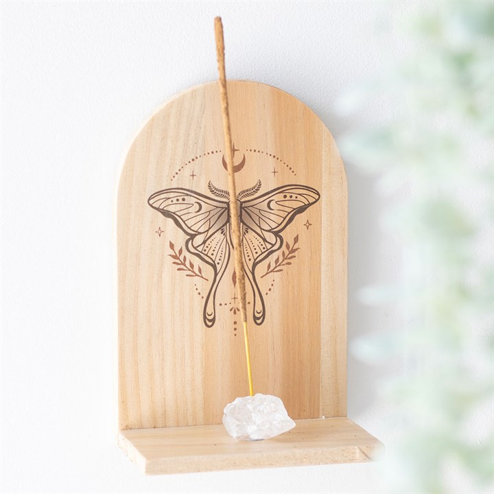 Natural Luna Moth Wooden Incense Holder Shelf, image 1 of 5