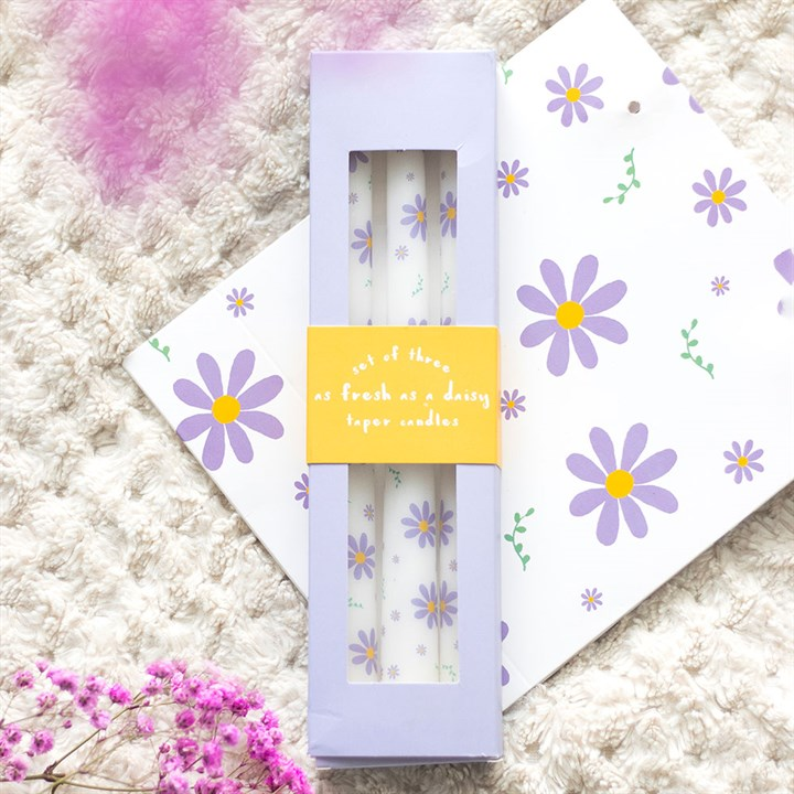 Set of 3 Purple Daisy Taper Candles, image 1 of 6