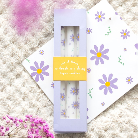 Set of 3 Purple Daisy Taper Candles, image 1 of 6