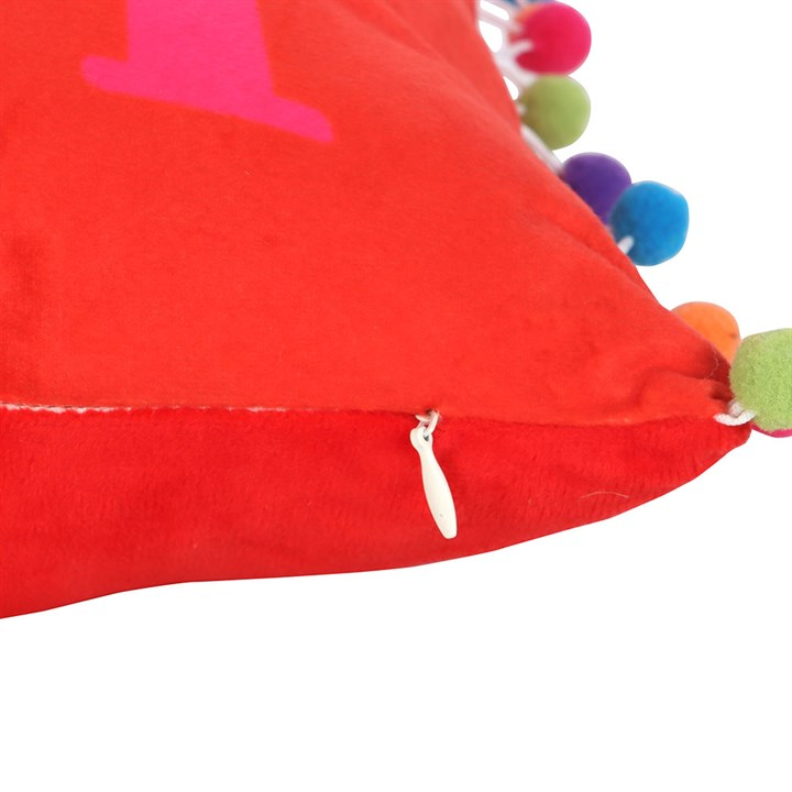 Red Holly Jolly Cushion with Pom Poms, image 4 of 4