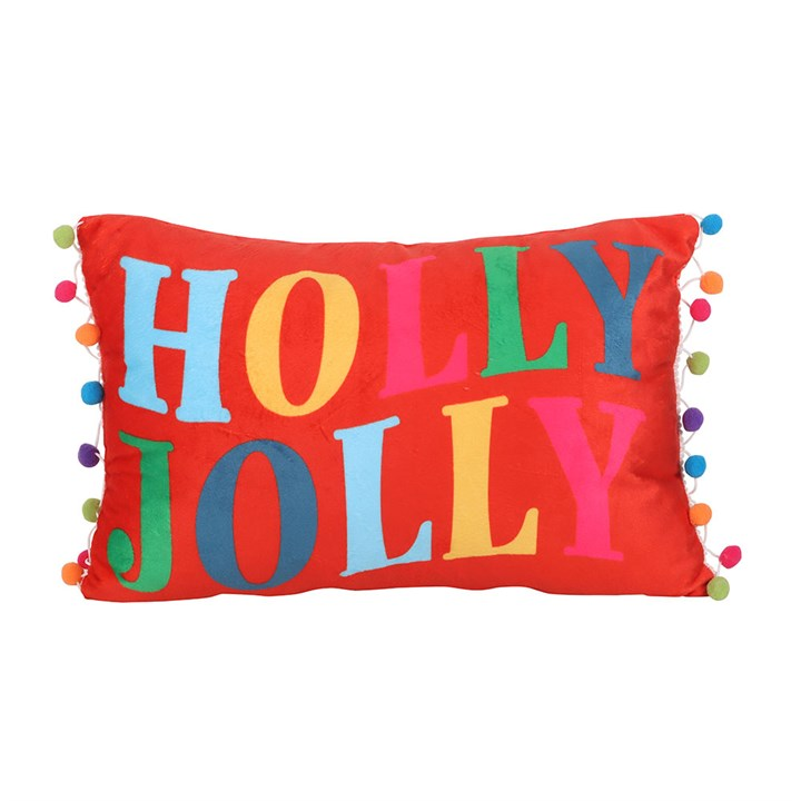 Red Holly Jolly Cushion with Pom Poms, image 2 of 4