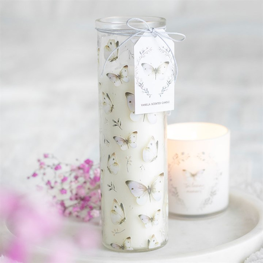 White Butterfly Print Vanilla Tube Candle, image 1 of 6