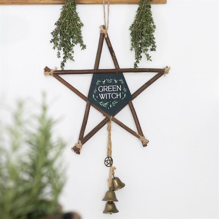 Green Witch Hanging Willow Pentagram with Bells, image 1 of 5