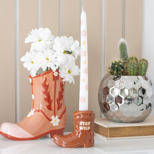 Brown Cowboy Boot Candle Holder with Taper Candle, image 1 of 5