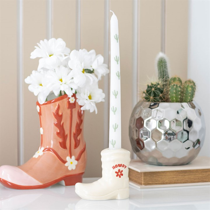 White Cowboy Boot Candle Holder with Taper Candle, image 1 of 5