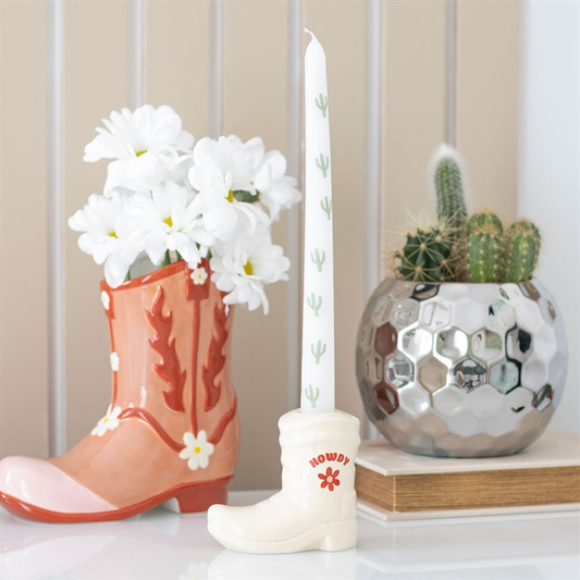 White Cowboy Boot Candle Holder with Taper Candle, image 1 of 5