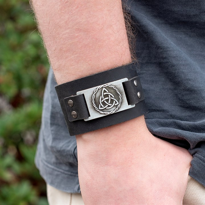 Black Celtic Triquetra Knot Leather Cuff Bracelet, image 2 of 5