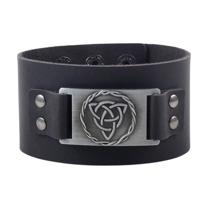 Black Celtic Triquetra Knot Leather Cuff Bracelet, image 3 of 5