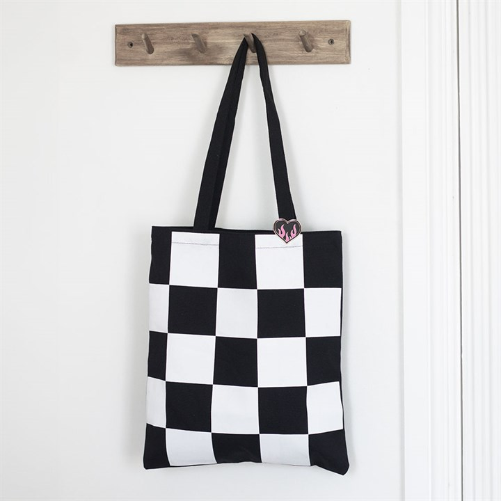 Checkerboard Print Polycotton Tote Bag with Enamel Heart Pin Badge, image 1 of 7