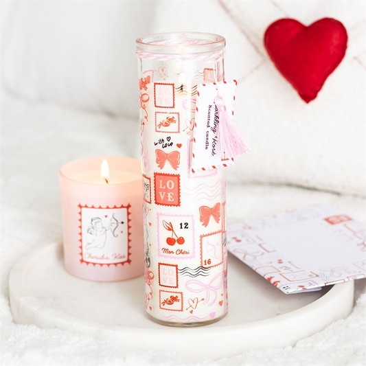 Valentine Postage Stamp Print Sparkling Rose Tube Candle, image 1 of 5