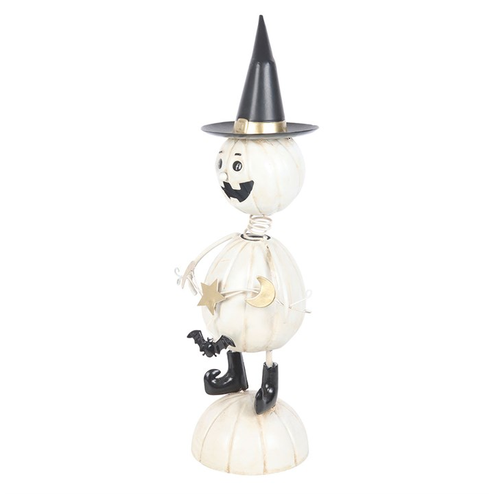 White Metal Pumpkin Man Ornament with Witch Hat, image 3 of 4