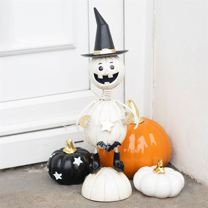 White Metal Pumpkin Man Ornament with Witch Hat, image 1 of 4