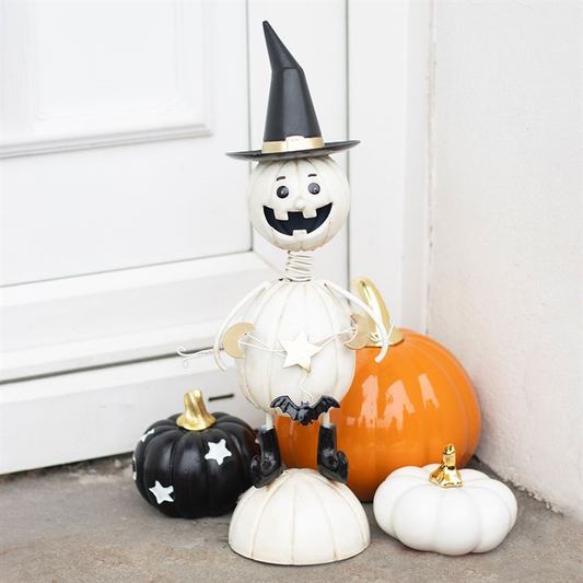 White Metal Pumpkin Man Ornament with Witch Hat, image 1 of 4