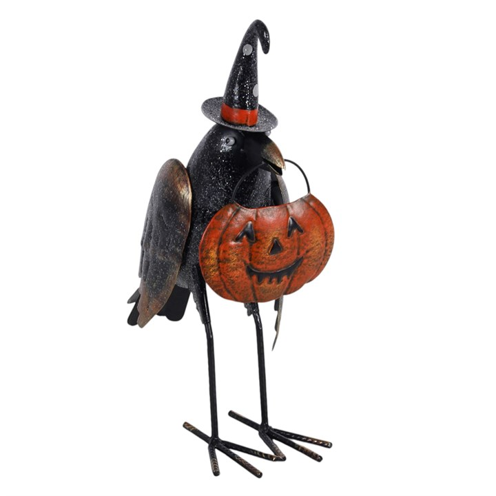Metal Glitter Raven Ornament with Pumpkin, image 3 of 5