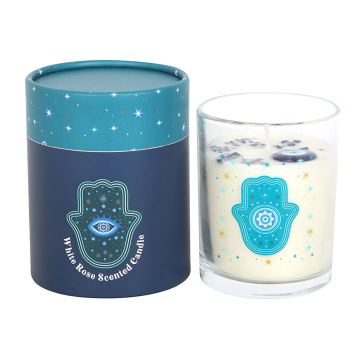Hand of Hamsa White Rose Candle with Crystals, image 2 of 6