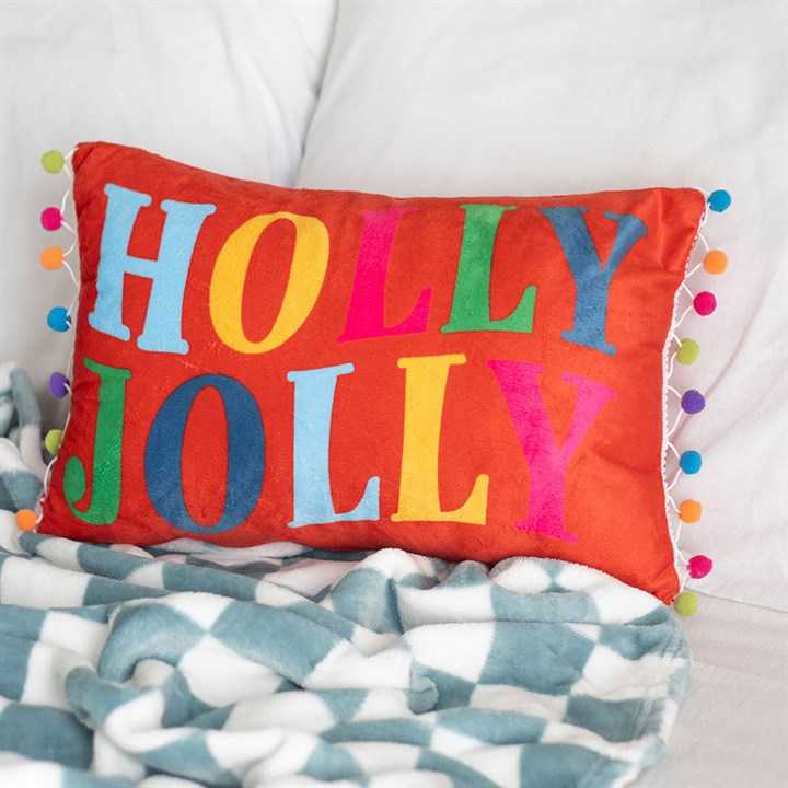Red Holly Jolly Cushion with Pom Poms, image 1 of 4
