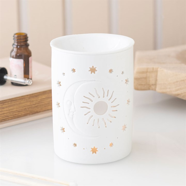 White Sun and Moon Cut Out Oil Burner and Wax Warmer, image 1 of 5