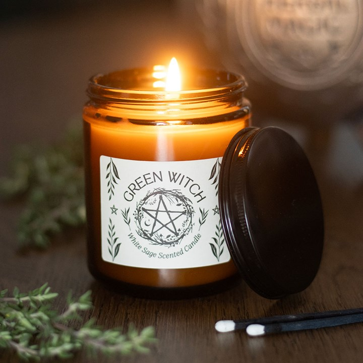 Green Witch White Sage Amber Glass Candle, image 1 of 5