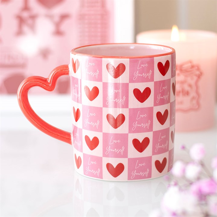 Love Yourself Checkered Mug with Heart Handle, image 1 of 4
