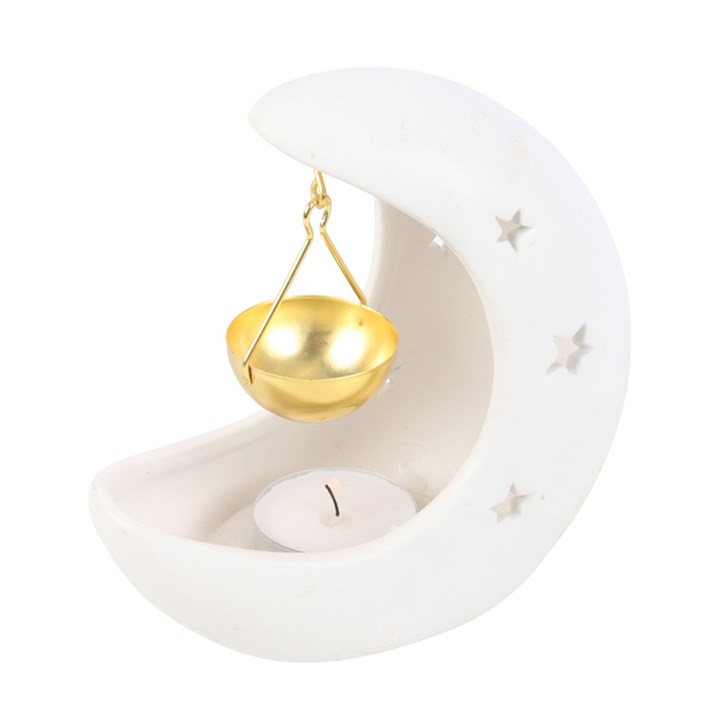 White Crescent Moon Oil Burner with Gold Dish, image 4 of 5