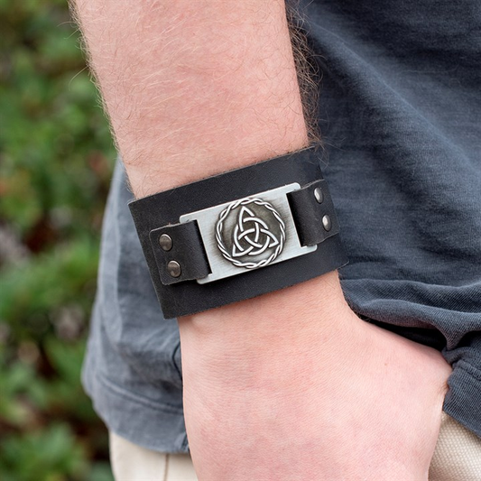 Black Celtic Triquetra Knot Leather Cuff Bracelet, image 1 of 5